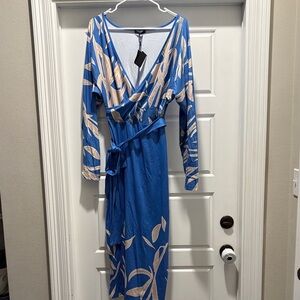 Zara Elegant Blue and Cream Long Sleeve Dress